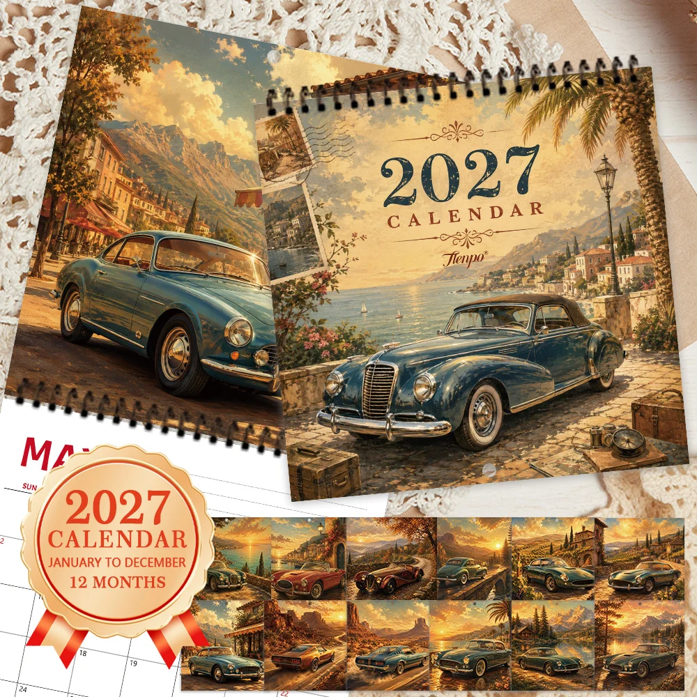 1 unidad: calendario de pared con diseño de coche deportivo de época, modelo 2027, planificador de 12 meses, ideal como regalo para el regreso a clases, Navidad o Año Nuevo. Incluye pegatinas de regalo.