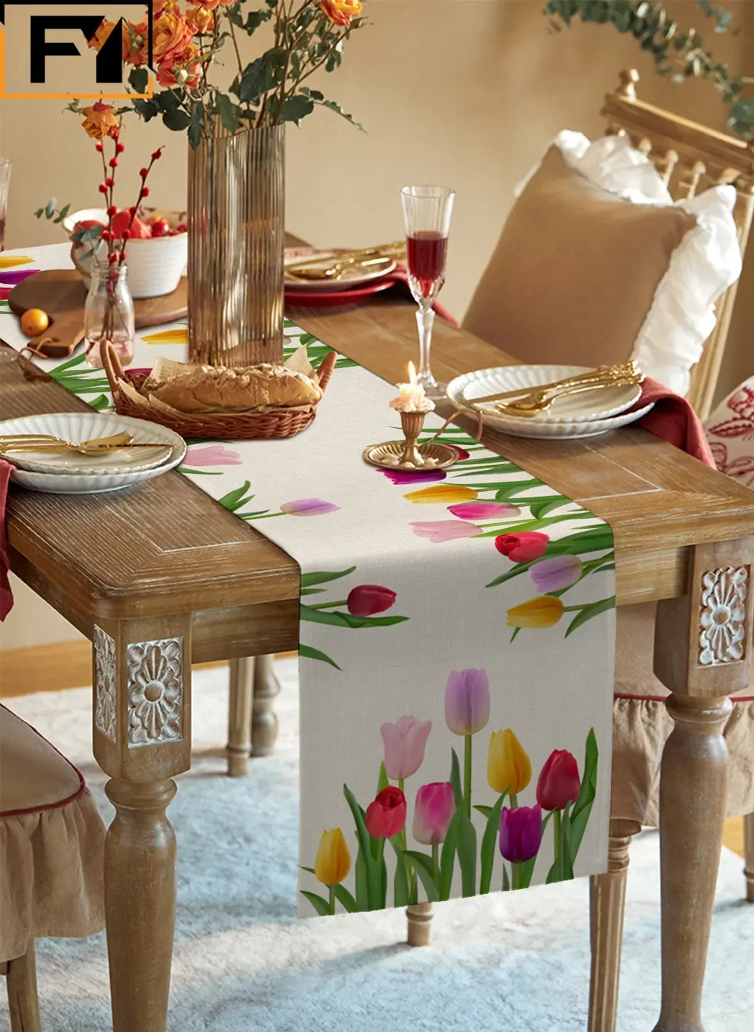 Camino de mesa de lino con flores de tulipán, decoración de mesa de centro de boda, comedor de fiesta, antiincrustante, 2024