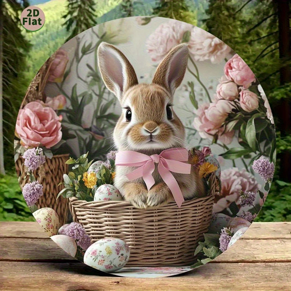 Plato Decorativo Plano 2D de Aluminio para Regalos de Pascua (1 Pieza) | Decoración para el Día del Padre con Conejito y Huevos de Pascua en Cesta, Lazo Rosa Pastel