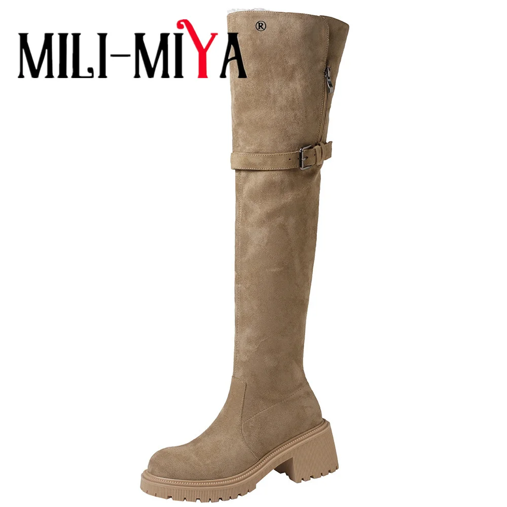 

MILI-MIYA Fashion Splicing Women Kid Suede Over The Knee Snow Boots Round Toe Thick Heel Slip On Plus Size 34-40 Handmade