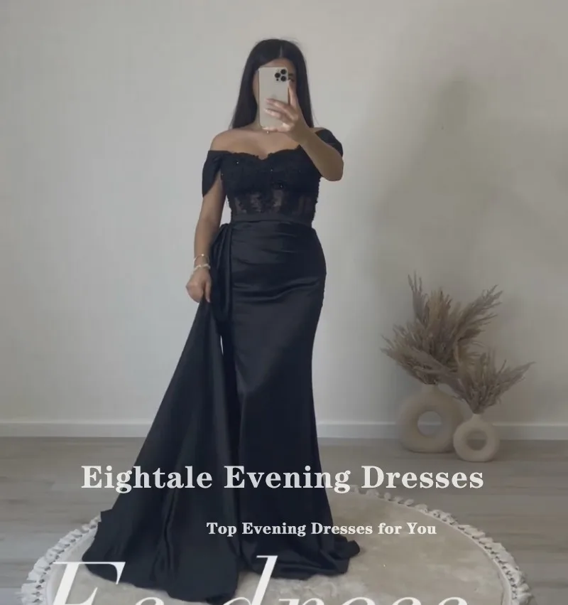 Eightale Black Evening Dress Off Shoulder Appliques Beaded Satin Mermaid Prom Gown Celebrity Wedding Party Gown abendkleid damen