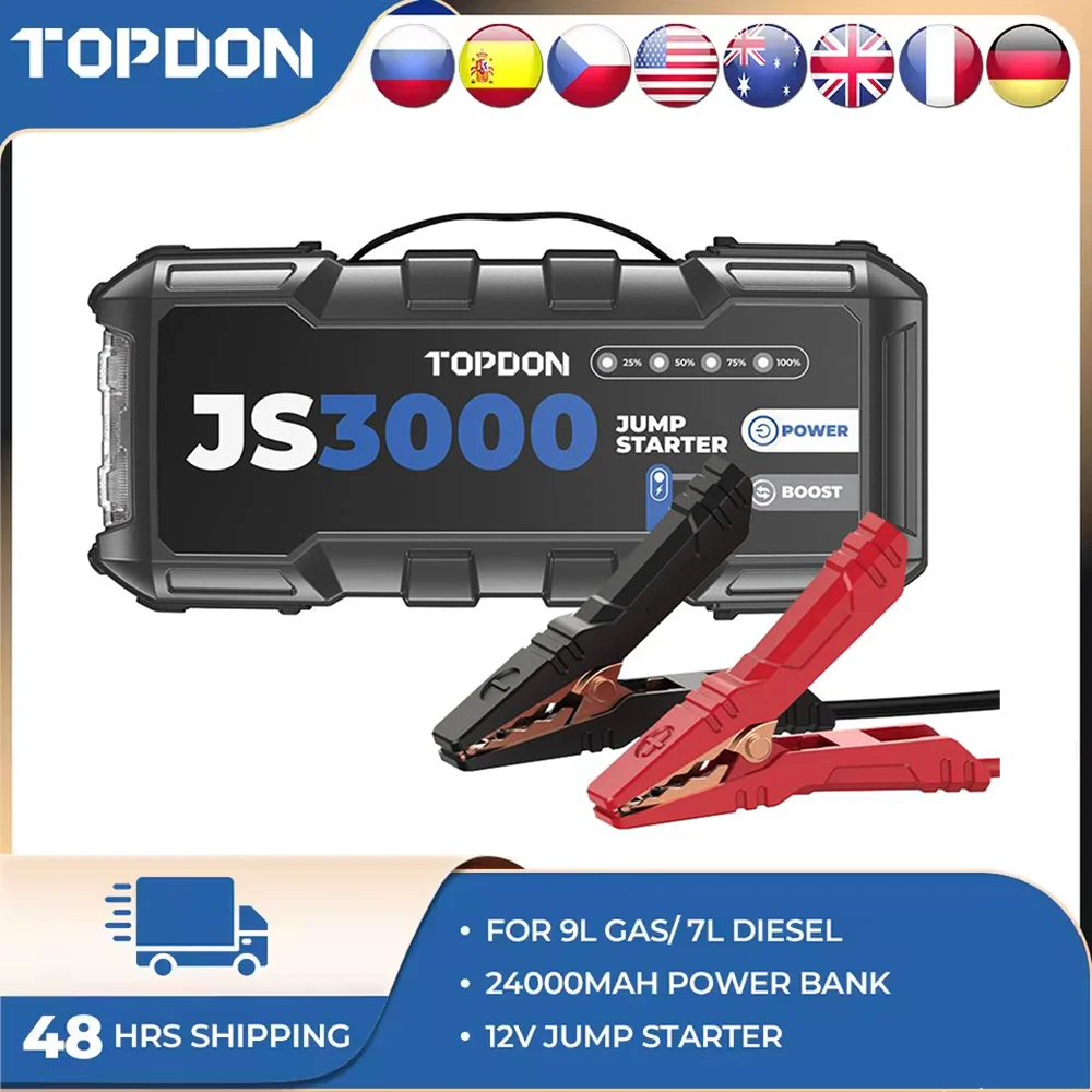 Topdon JS3000 3000A Jump Starter Power Bank 12V Car Starting Device 24000Mah Battery Jump Start for Booster For 9L Gas&7L Diesel