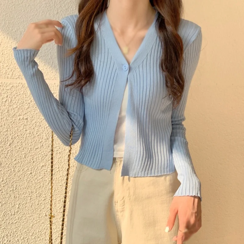 Korean Style Women Cardigan Long Sleeves V Neck Casual Knitted Button Up Sun Protection Tops