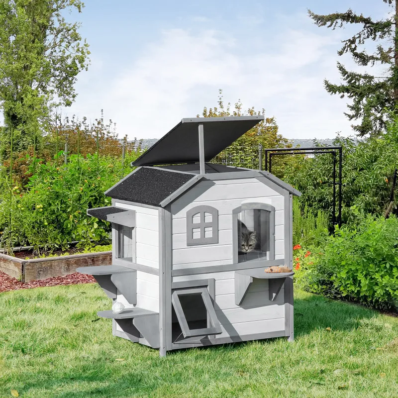 

2-story Cat House Outdoor, Weatherproof Wooden Cat Enclosure for Feral Cats with Escape Door, Openable Roof, Jumping Platforms