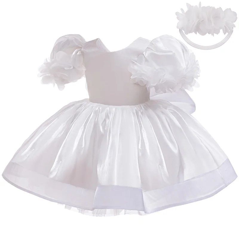 فستان الأميرة لعيد الميلاد الأول للفتيات الصغيرات، فستان أبيض كبير بفيونكة مع عصابة رأس على شكل زهرة للأطفال لحفلات الزفاف وحفلات المعمودية