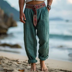 Leisure Breathable Loose Cotton Pants Men Spring Summer Casual Straight Trousers Retro Graphic Boho Belt Lace-up Patchwork Pants