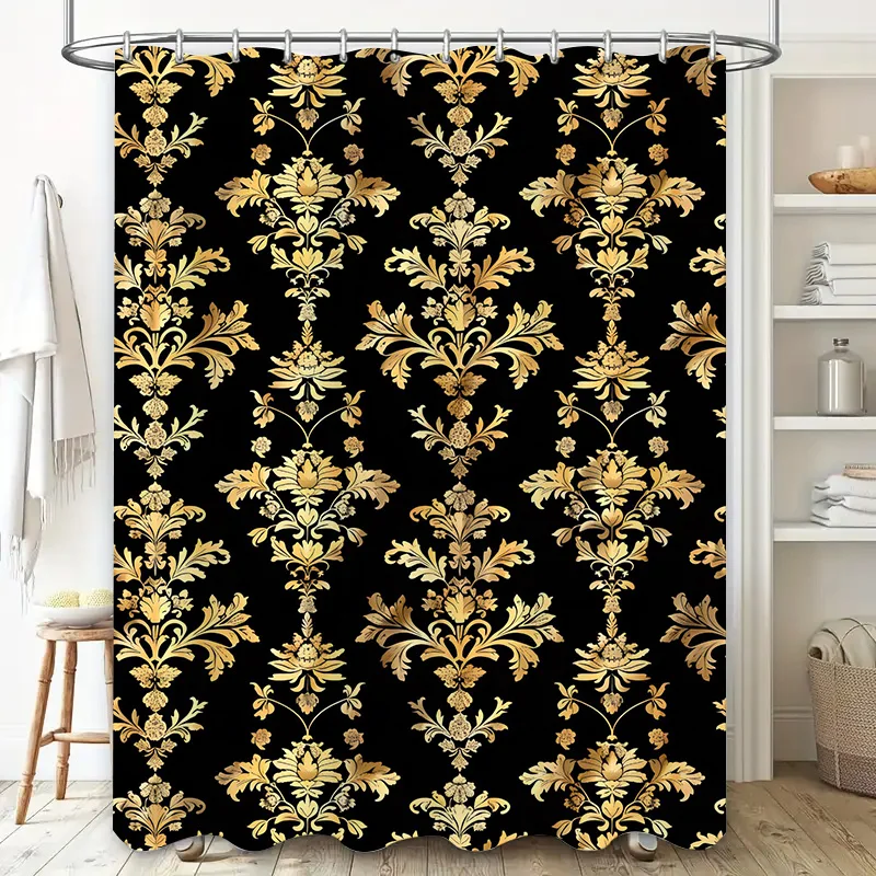 Golden Damask Shower Curtain Luxury Bath Decor for Home Bathroom Black Gold Waterproof Fabric 72x78 (183X200CM)