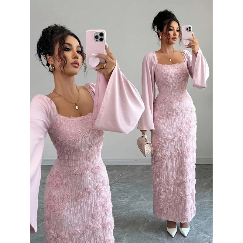 

New women's stylish and elegant square-neck flared-sleeve floral-decorated long-sleeve dress