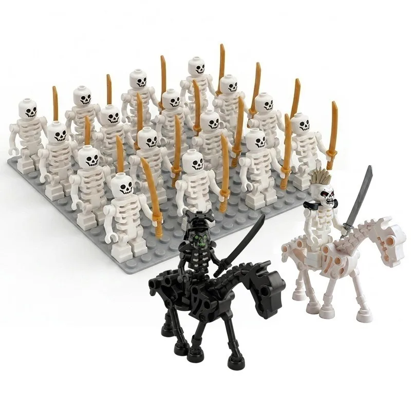 Image of Skelett-Puppenarmee, Skelett-Kriegspferd, Skelett-Trupp mit Waffen, quadratische Bausteine, Geburtstagsgeschenke, Weihnachtsgeschenke.