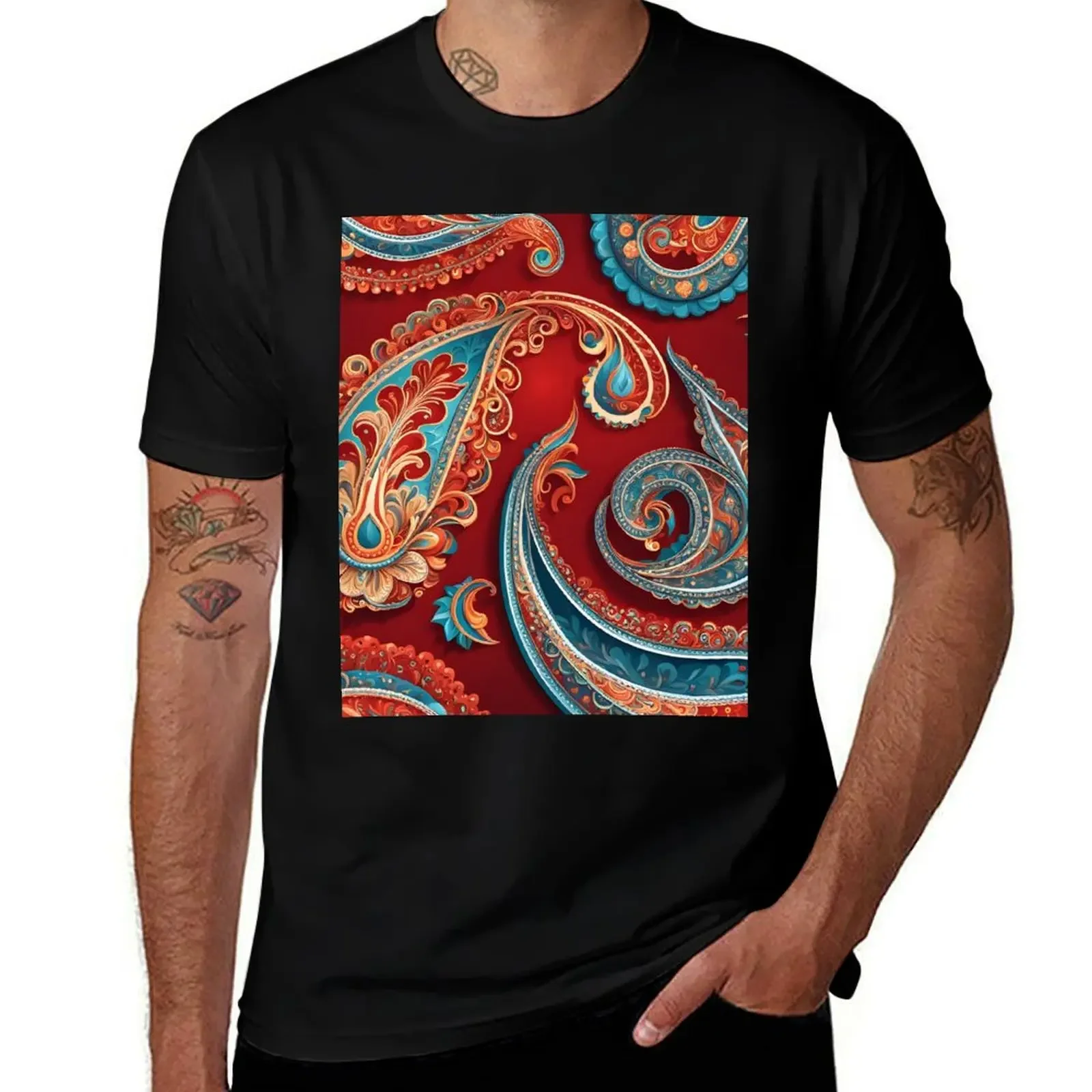 Red Paisley Peacock Fusion T-Shirt graphic shirts summer tops Anime t-shirt luxury clothes men