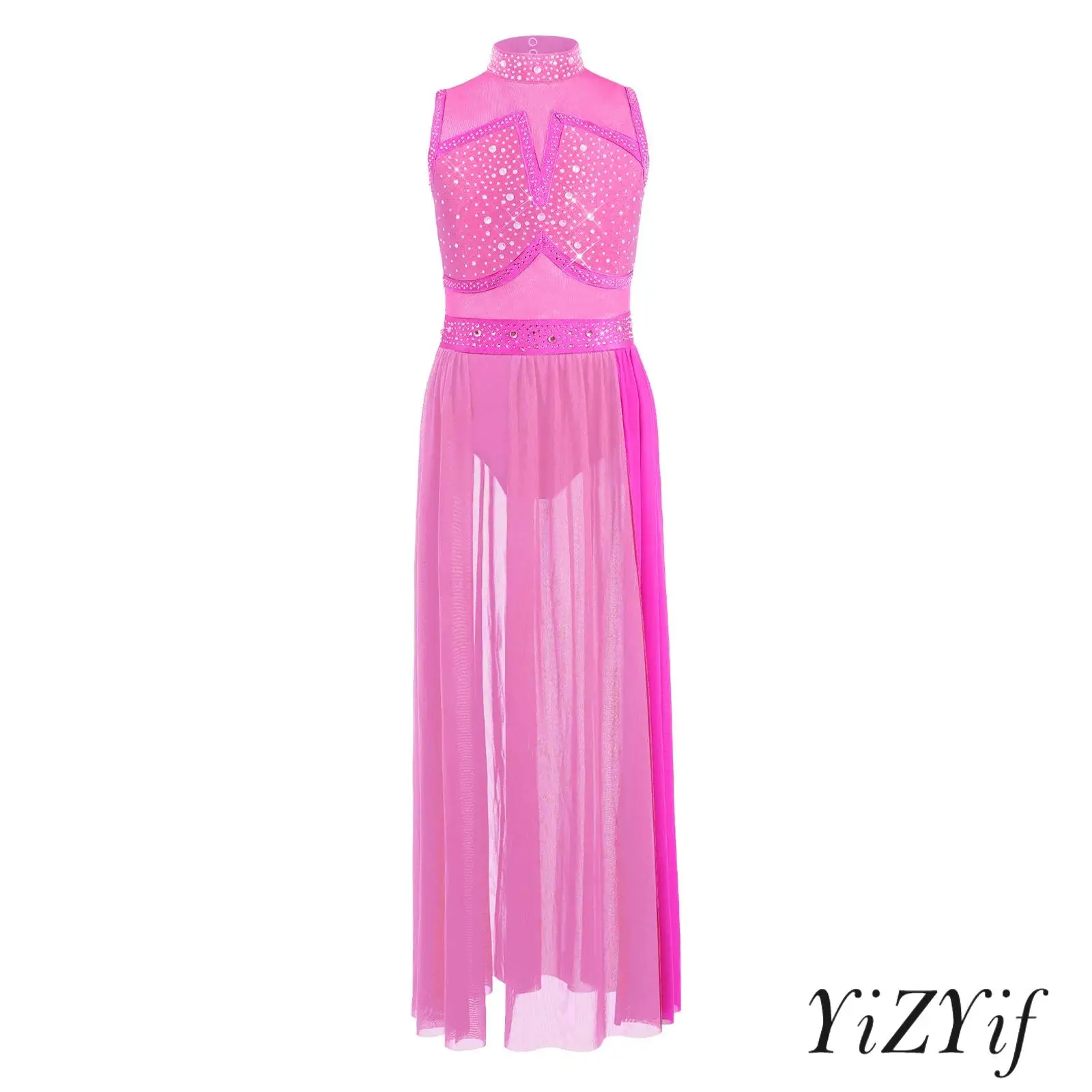 

Kids Girls Lyrical Dance Dress Sleeveless Cutout Back Shiny Rhinestone Color Block Split Mesh Maxi Dress with Built-in Briefs