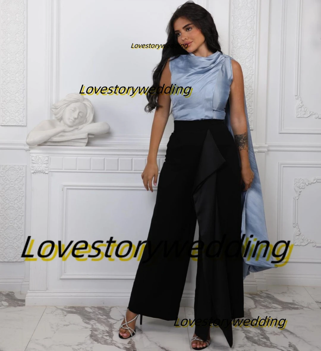 

Lovestory Contrast Color Jumpsuits Women Wear for Prom Party Flutters فساتين للحفلات الراقصة Ankle Length Evening Pant Suits