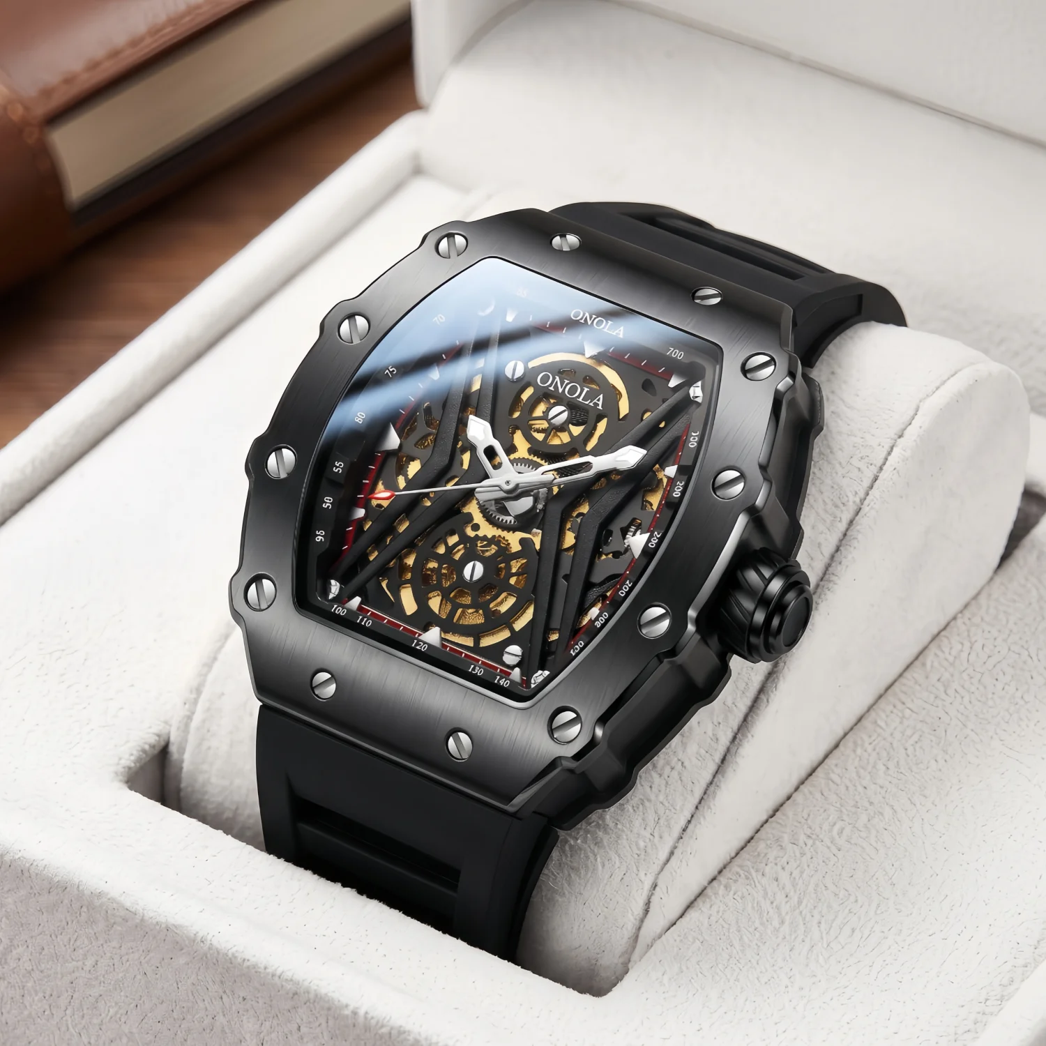 ONOLA men's mechanical watch skeleton dial fashionable sports watch, suitable for wearing on outings, a gift for friends