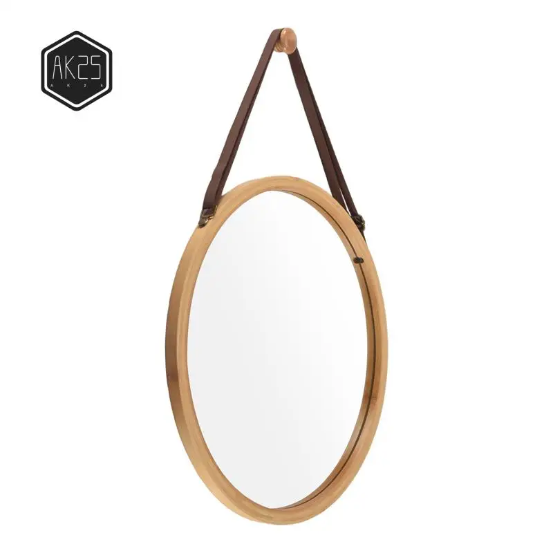 

AK25-Hanging Round Wall Mirror In Bathroom & Bedroom - Solid Bamboo Frame & Adjustable Leather Strap