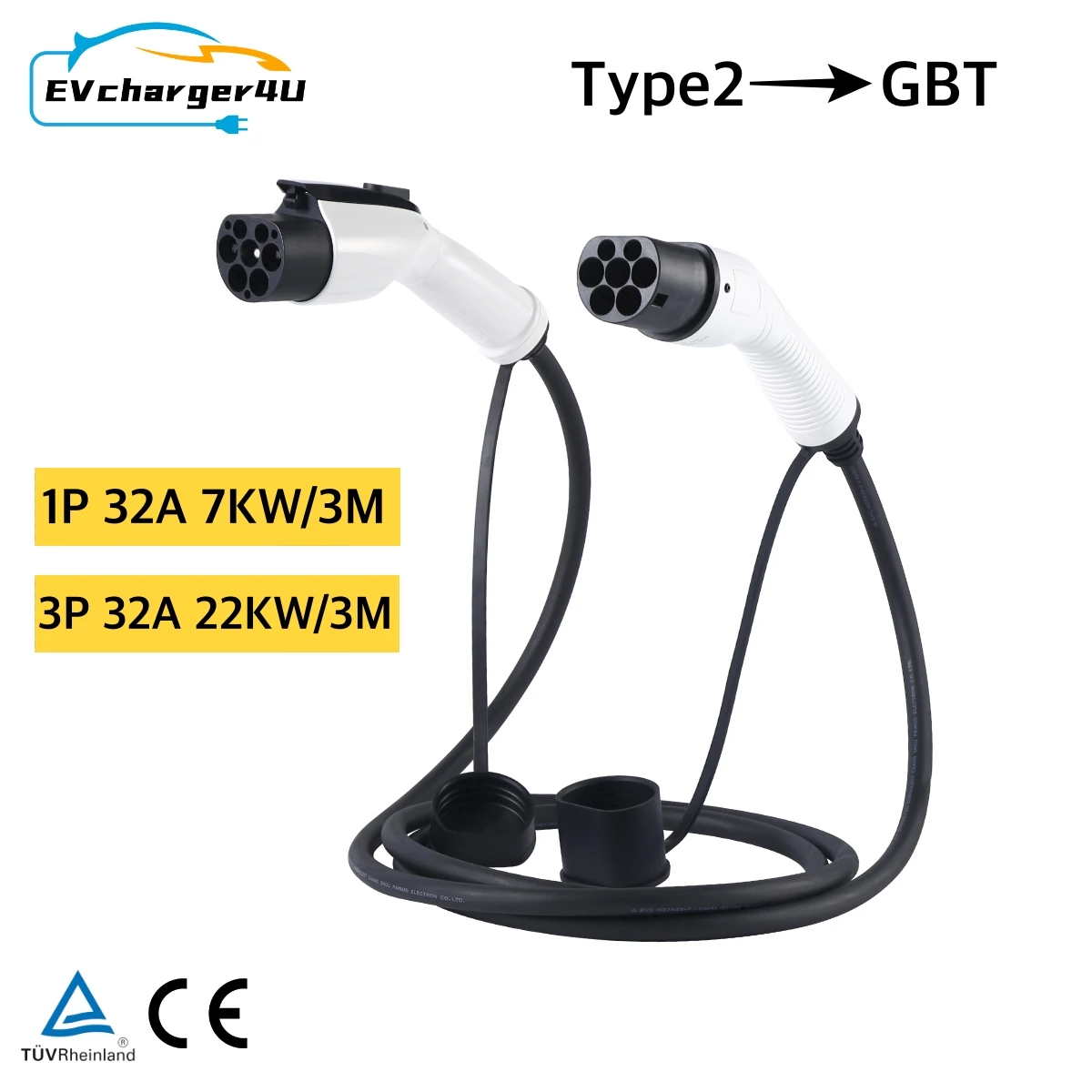 

EVcharger4U Type2 to GBT EV Charging Cable 1Phase/ 3Phase 32A 7KW 22KW Electric Vehicle Type 2 Cord GB/T for Charger Station