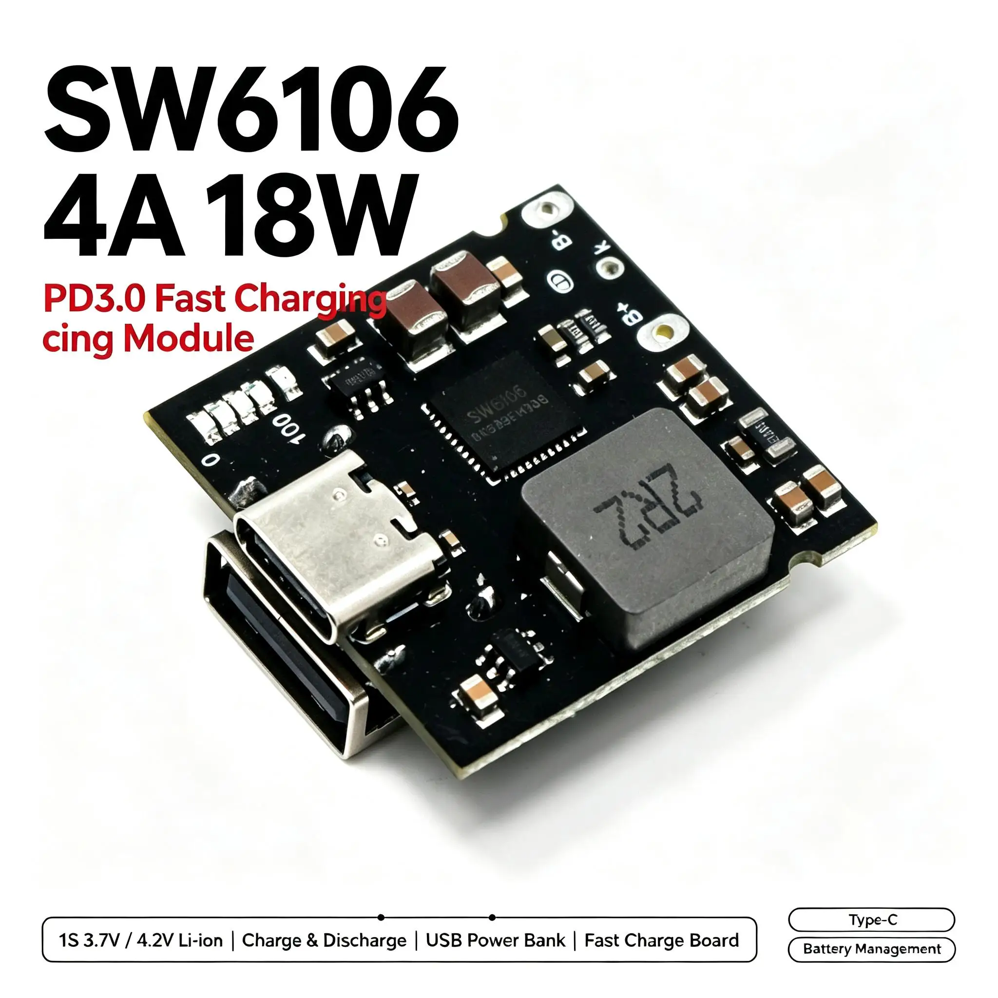 DYKB SW6106 4A 18W PD3.0 Fast Charging Module 1S Li-ion 3.7V 4.2V Lithium Battery Charge Discharge Board FOR USB Power Bank DC5V
