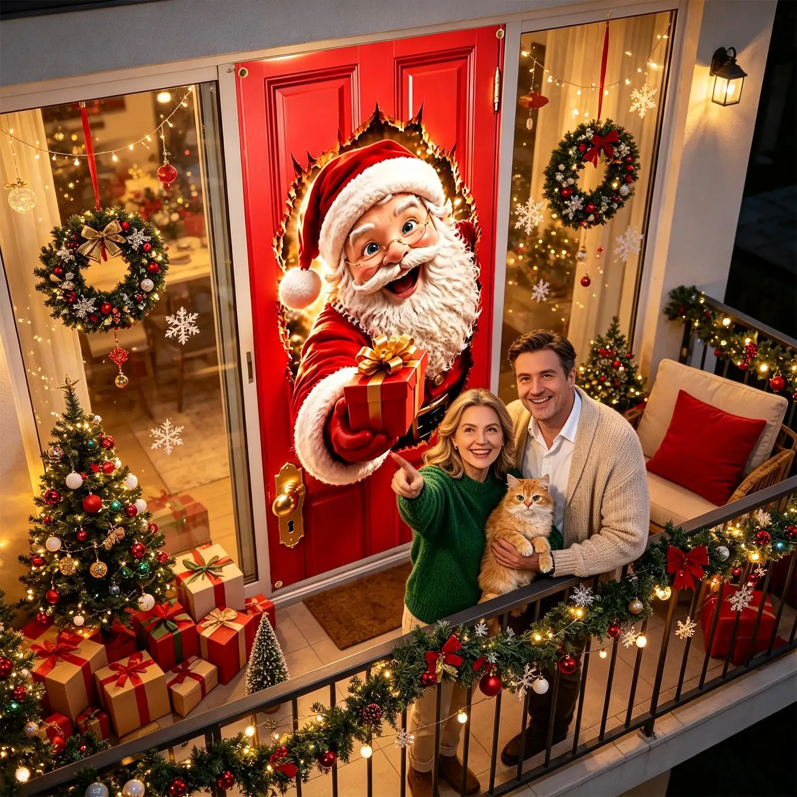 Santa Breaking Through Door Cover 180x90cm Christmas Banner Tapestry Door Hanging Decoration Holiday Party Photo Backdrop