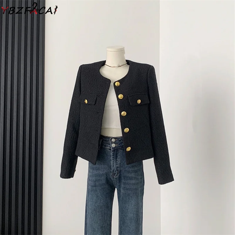 2023 Luxury Jacket White Women\'s Spring Blue Tweed Jacket Green Tweed Jacket Black Short Coat Metal Single Breasted Cropped Top