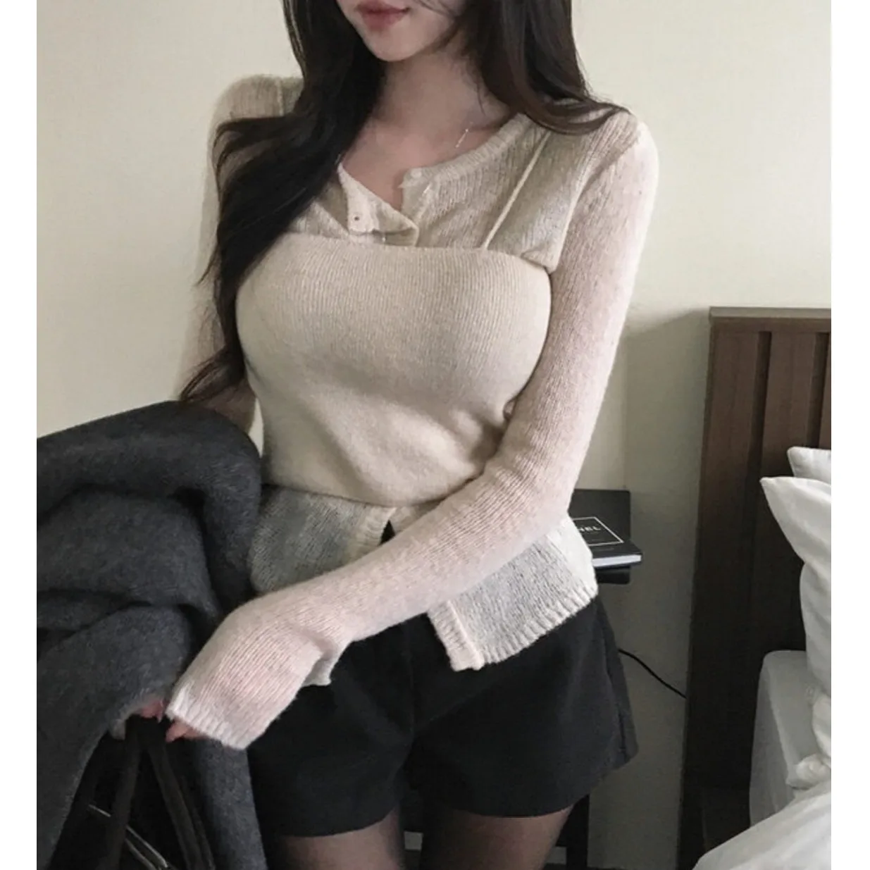 Top de punto elegante de Color puro para mujer, conjunto de prendas de punto de Color versátil con botones Ne redondos para verano y otoño