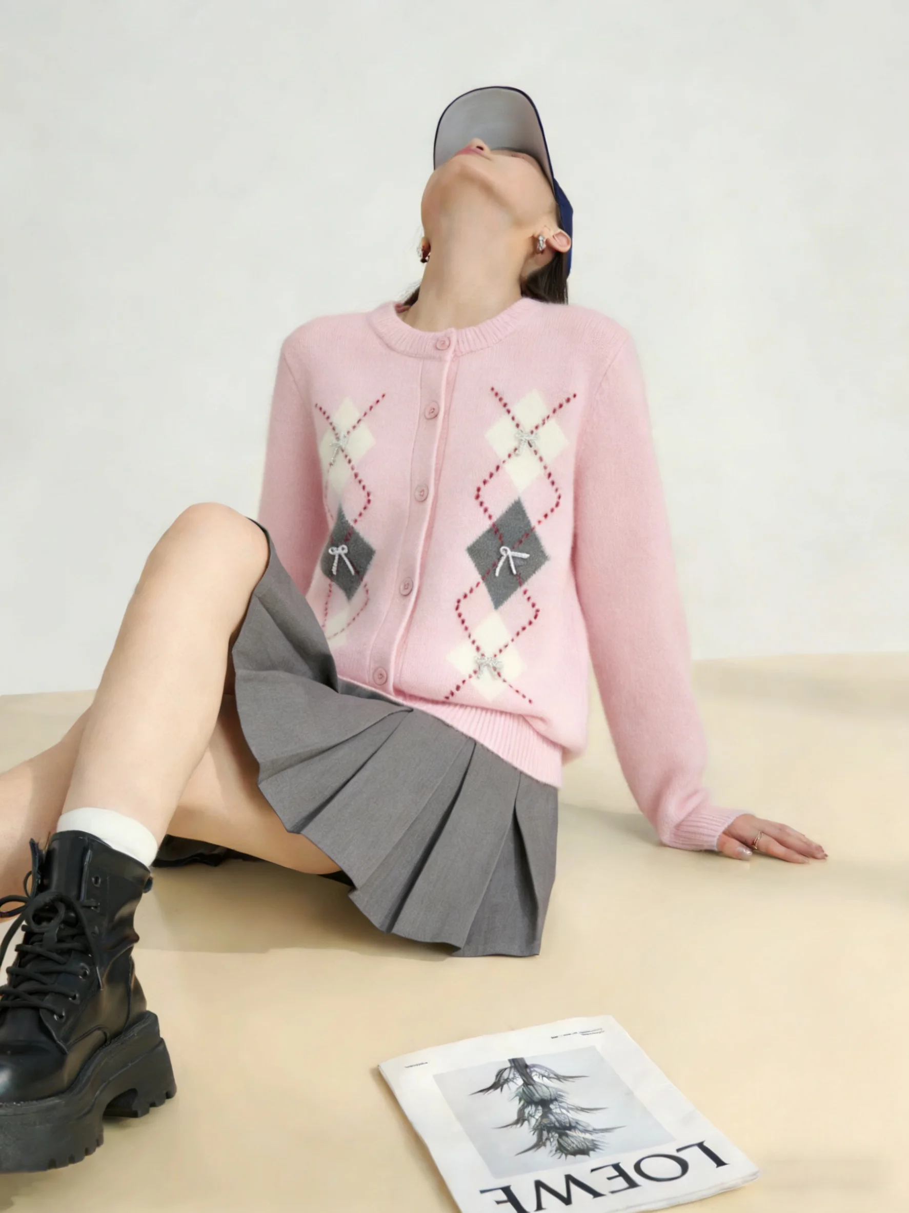 

Pink Knitted Cardigan Sweater with Knot Decoration Unique Beautiful Diamond Pattern Casual Commute Sle Long Sve