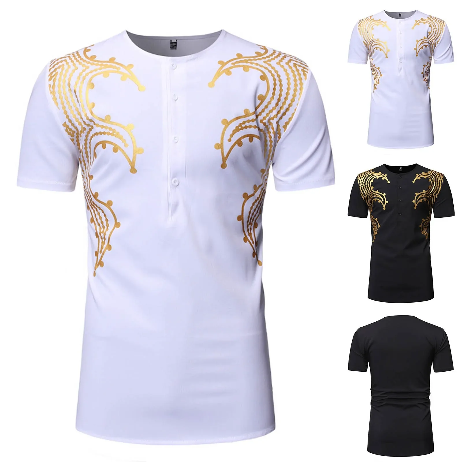 Men'S Shirts Summer Short Sleeve T Shirt African Style Mens Gold Printing Five Quarter Sleeve Top Lightning Thin Lapel Blouse