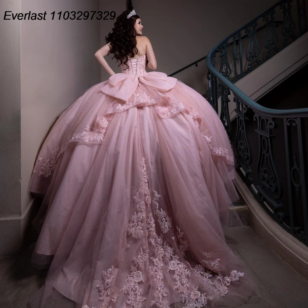 EVLAST Customized Blush Pink Quinceanera Dress Ball Gown Lace Applique Beaded Mexico Corset Sweet 16 Vestido De 15 Anos QD1139