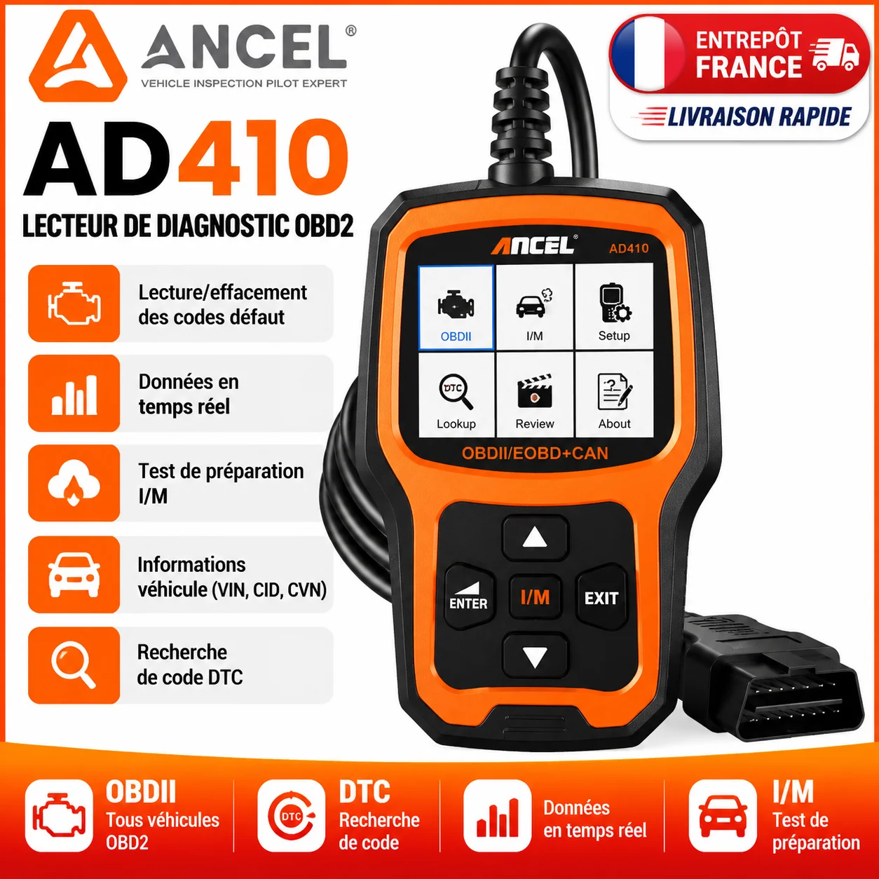 ANCEL AD410 OBD2-Scanner Codeleser für Motorleuchte, Automobil-OBD2-Scanner zur Fehlerdiagnose, OBD2-Scanwerkzeug für alle OBDII