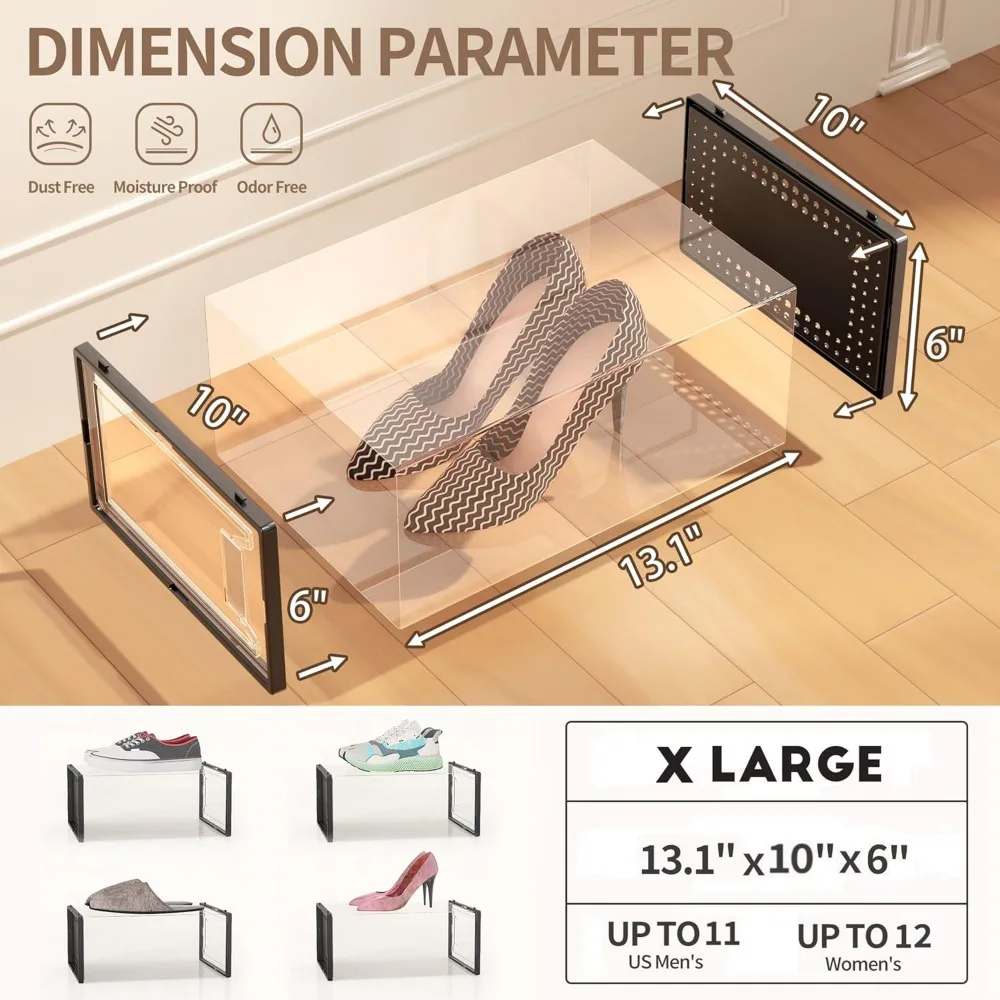 12 Pack Large Clear Plastic Shoe Storage Boxes, Stackable Modular Organizers with Lids for Closet Space Saving