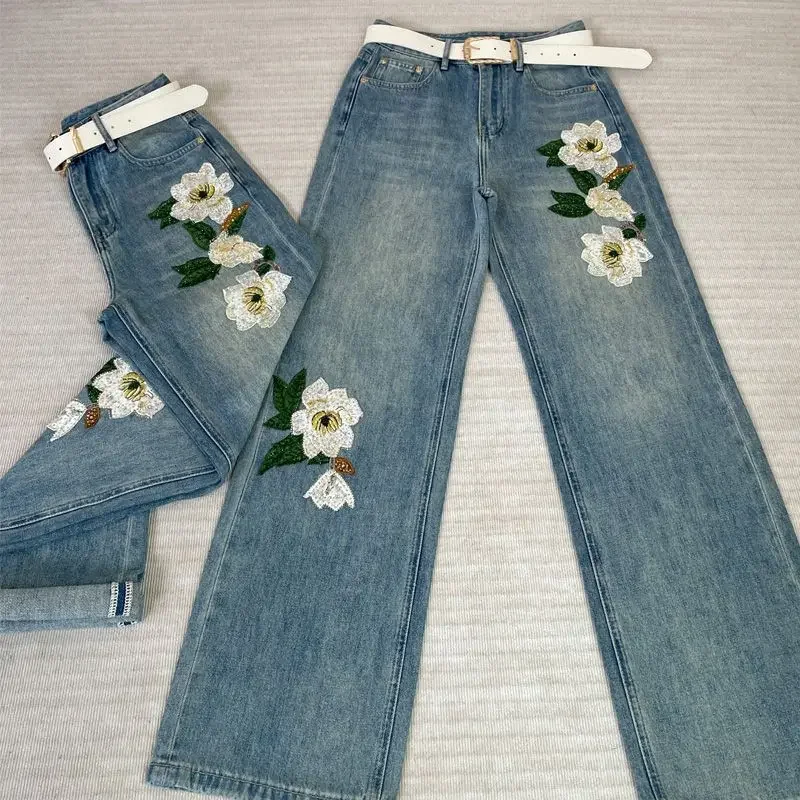 Embroidered straight jeans female summer thin loose high waist narrow version drape retro casual wide-leg pants female