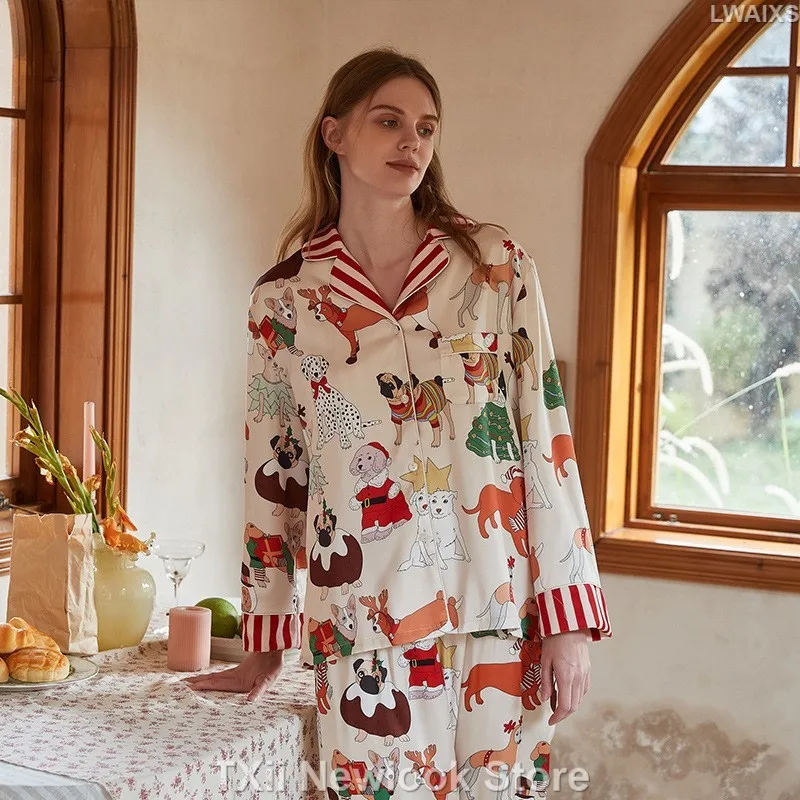 [Christmas Dog] Women imitation silk pajama set, autumn  winter plush long sleeved pants, flip collar, soft home clothing