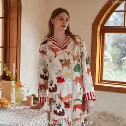 [Christmas Dog] Women imitation silk pajama set, autumn  winter plush long sleeved pants, flip collar, soft home clothing