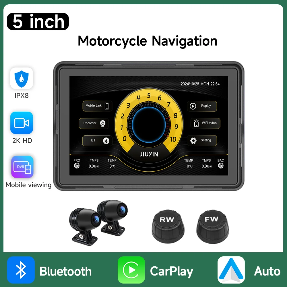 

5 inch motorcycle multimedia player 2K HD video recorder wireless CarPlay Android Auto GPS navigation IPX8 waterproof screen BT