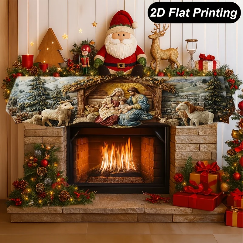 VIKAMA Christmas Fireplace Mantel Scarf Nativity Scene Mantel Topper Xmas Fireplace Shelf Cover Religious Holiday Home Decor