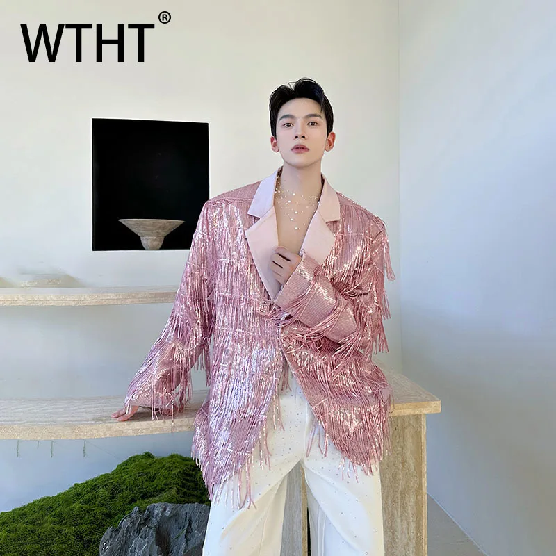 

WTHT модный мужской пиджак с блестками и кисточками, модный мужской пиджак с отложным воротником и длинными рукавами, осень 2023, 2A1925