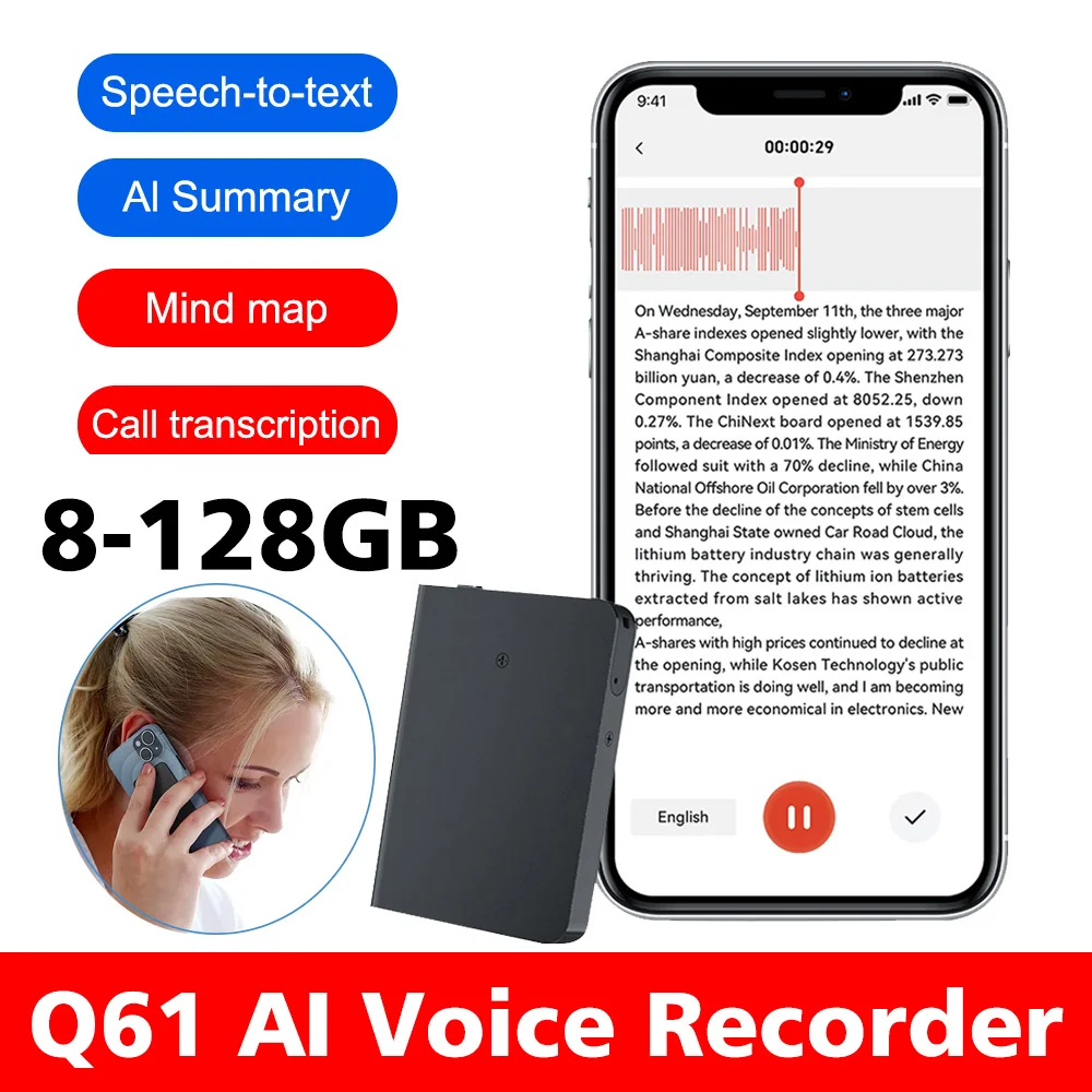 التطبيق مكالمة هاتفية مسجل صوت نشط ترانسكريبي Summarize 58 لغة مترجم المغناطيس الذكي Adsorb 8GB-128GB الإملاء
