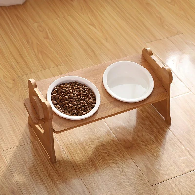 

Double Raised Food Cute Feeder Dish Stand Dog Bowl Water Cat Wooden Ceramic Table Pet Pets Supplies