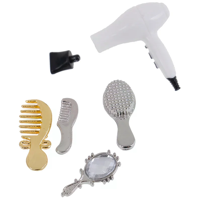 Miniatura de Salón de Belleza para Casa de Muñecas, Herramientas de Peluquería de Aleación con Cepillo Pequeño, Espejo, Secador de Pelo, Accesorios de Peluquería