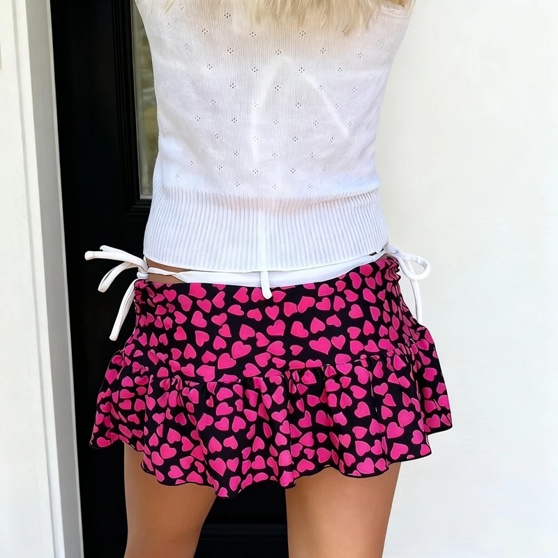 المرأة Y2K لطيف القلب طباعة تنورة صغيرة Coquette منخفضة الارتفاع المتدرج الكشكشة تنورة قصيرة الجنية خمر تنورة صغيرة قيعان الجمالية