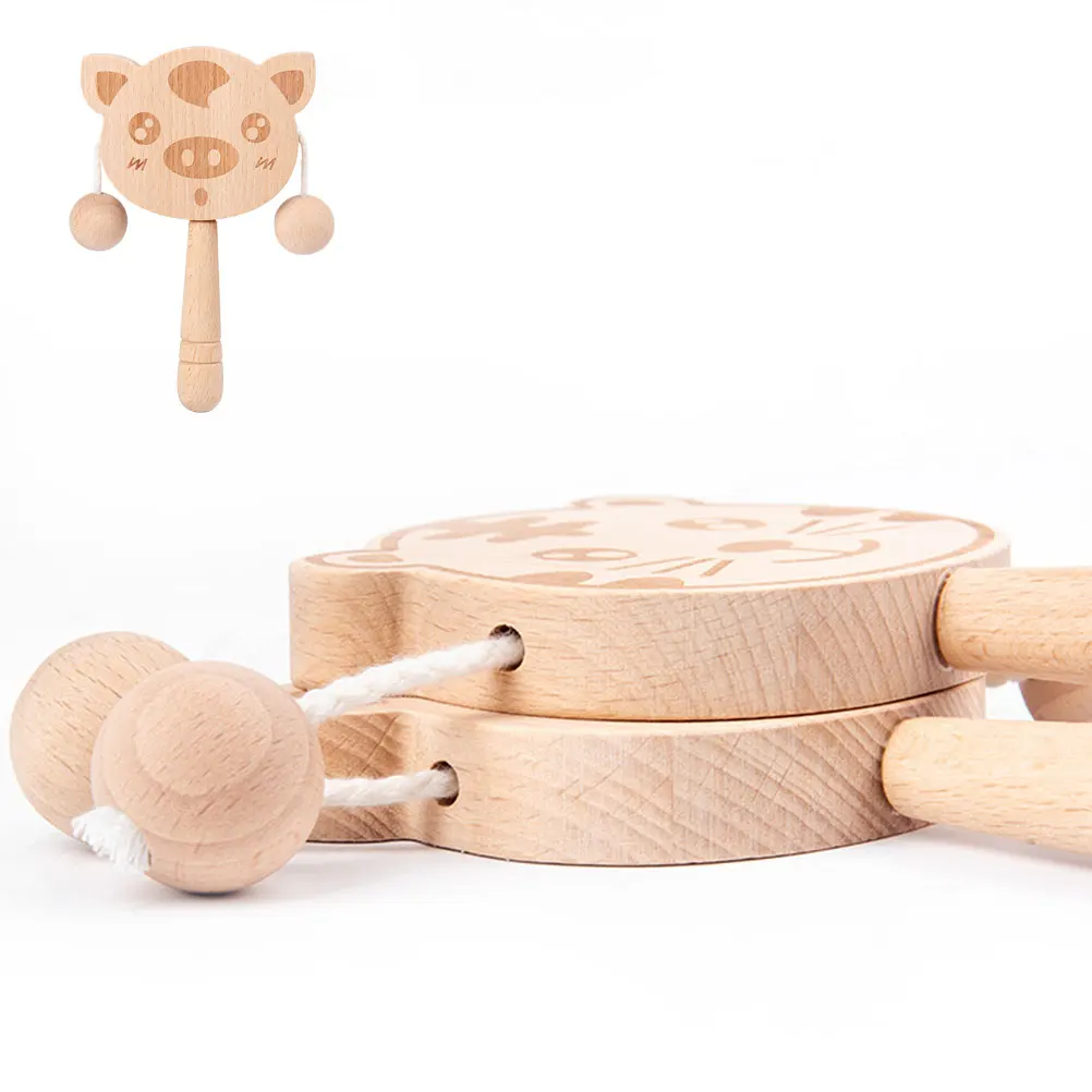1개 나무 딸랑이 드럼 아기 손벨 돼지 모양 악기 유아 초기 교육 나무 딸랑이 흔들 드럼 아기용