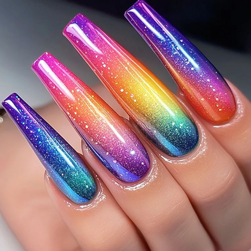 24pcs/set Medium long fake nails for women girls sparkling starry sky gradient rainbow colors Y2K tips press on false nail art