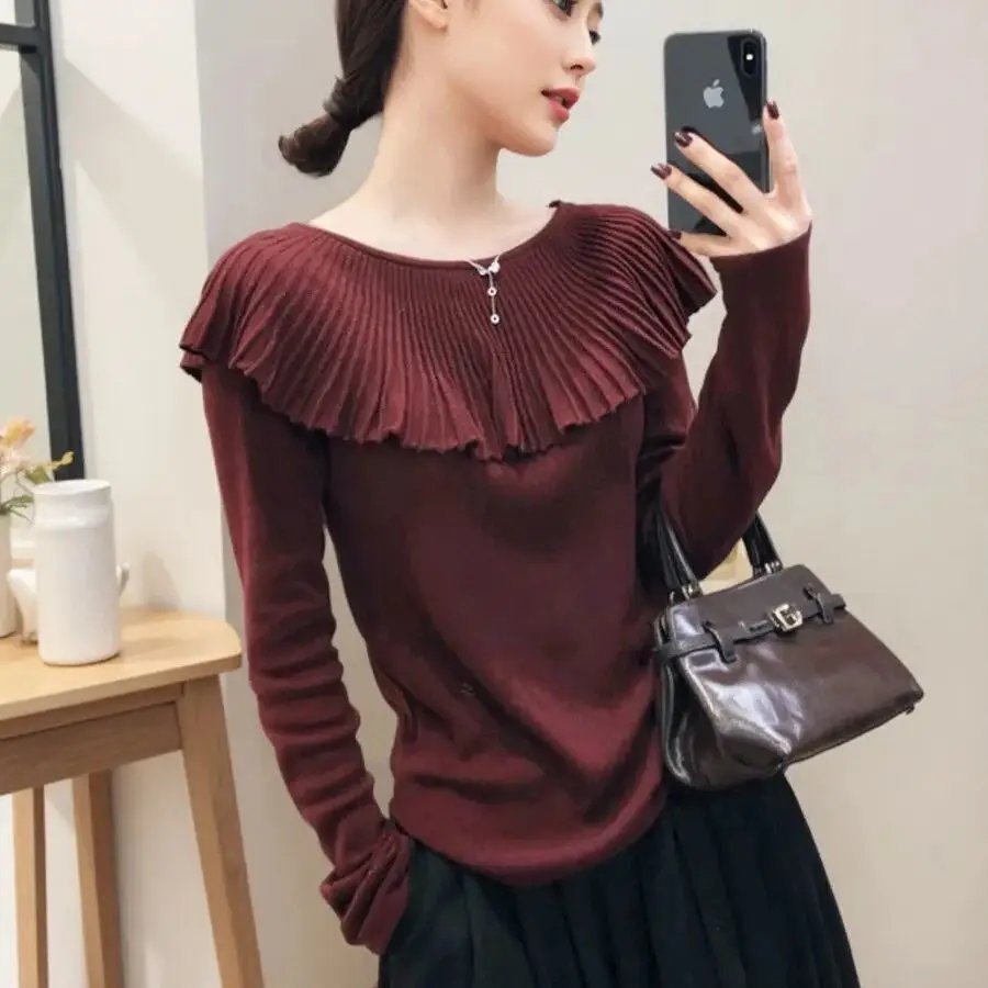 

Весенняя изысканная мода, высококачественная рубашка для похудения, топ с рюшами по подолу, нижний слой, рубашка с длинными рукавами