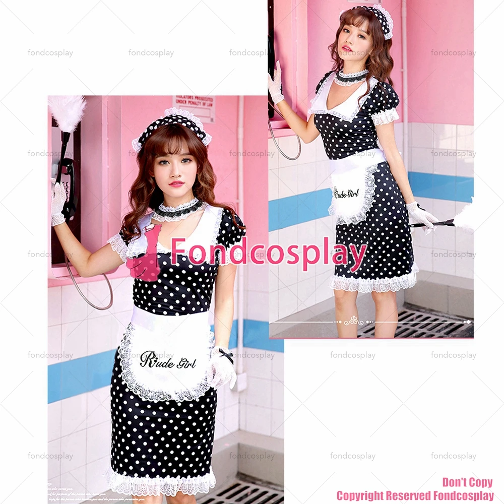 fondcosplay adult sexy cross dressing sissy maid short French polka dots black Satin lockable dress CD/TV[G3922]