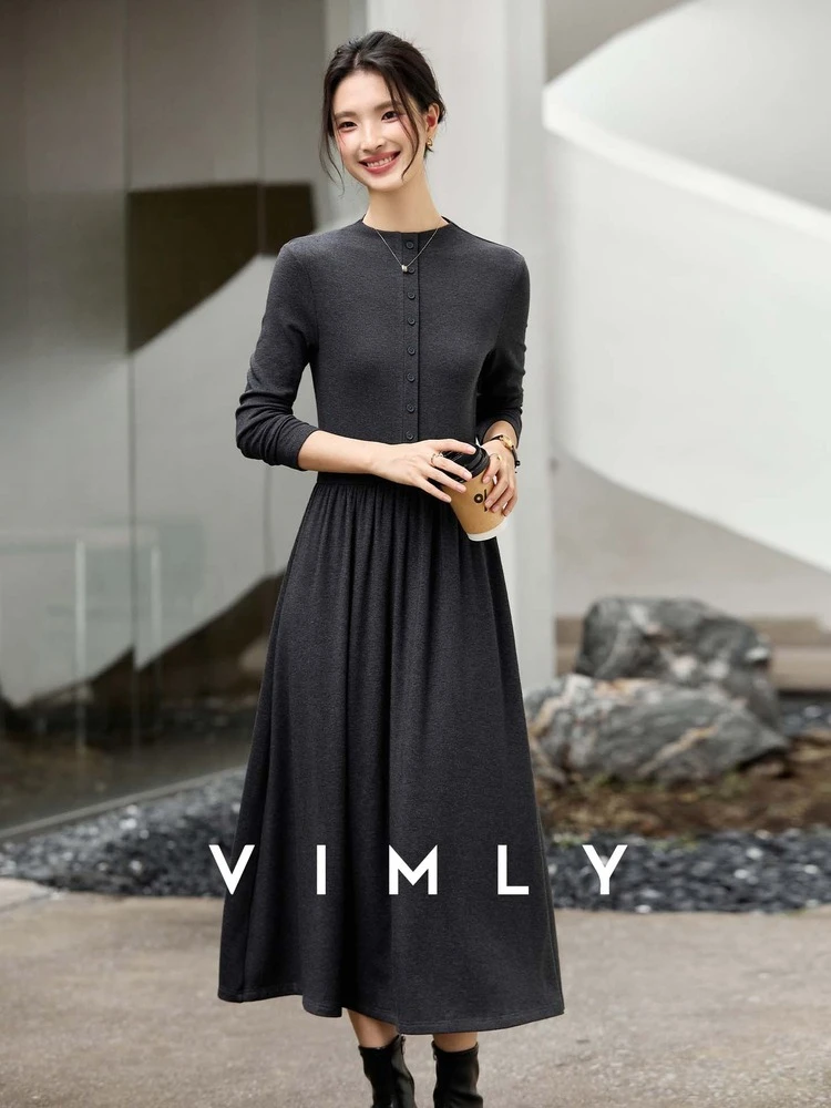 

VIMLY Women's Dresses Holiday Outfits Autumn 2025 Casual Gray Knit Round Neck Dress Slim Straight Strecth Female Dresses A2986