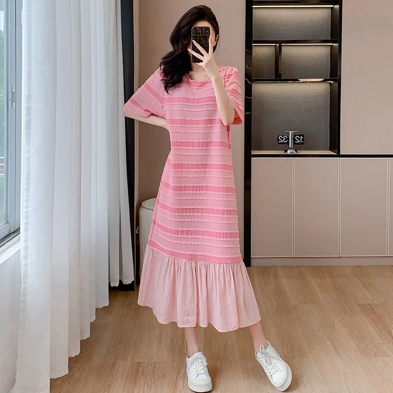 Women Cotton Long T-shirt Dresses Summer Female O Neck Short Sleeve Large Size 2XL Elegant Pink Stripe Ruffles Patchwork Vestido