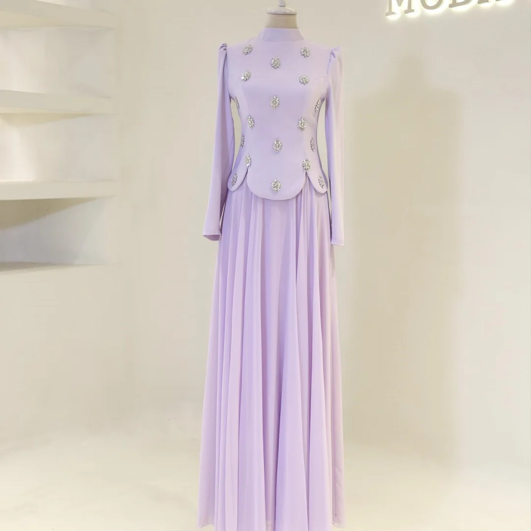 Bella op maat gemaakte lichtmunt hoge hals lange mouwen robes de soirée kralen decor geplooide rok feestjurken lange jurk stijlvol