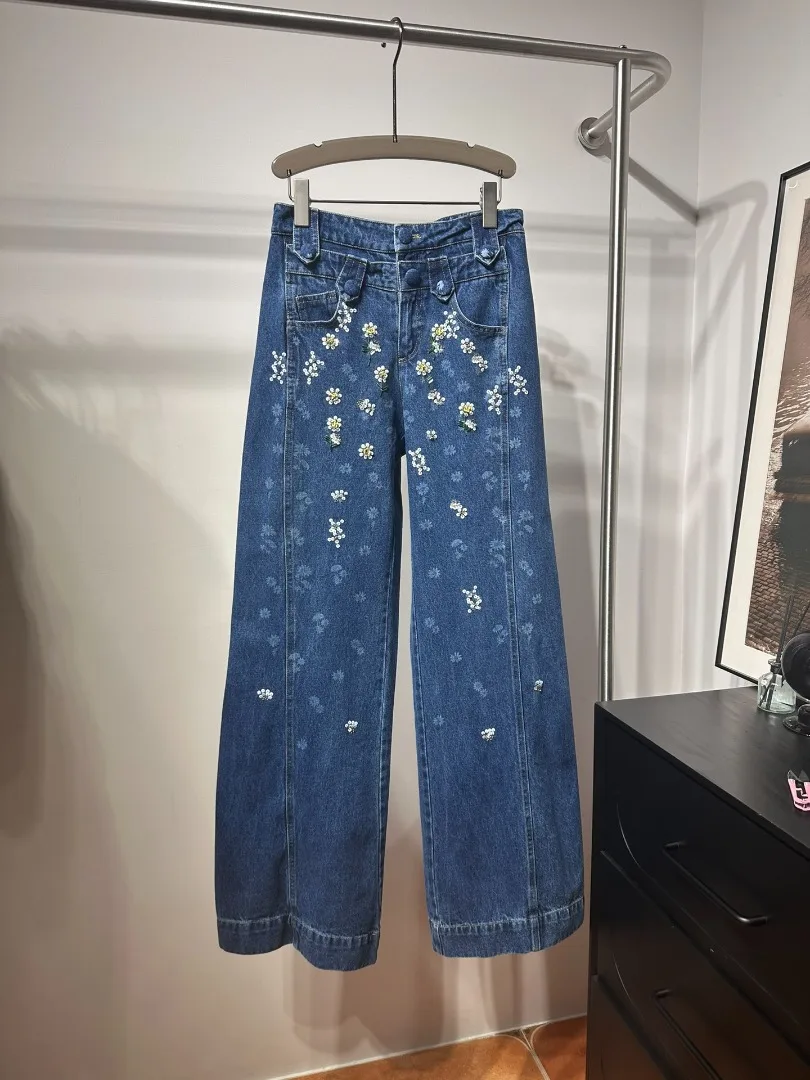 

High Quality Blue Floral Print Sequins Jeans Pants 2025 New