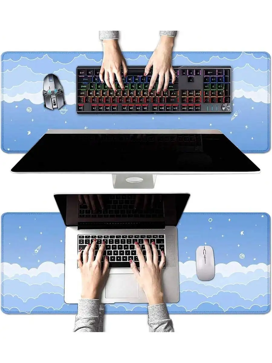 

Pastel Blue Large Gaming Desk Mat With Clouds And Stars Aesthetic Mouse Pad For Computer Laptop