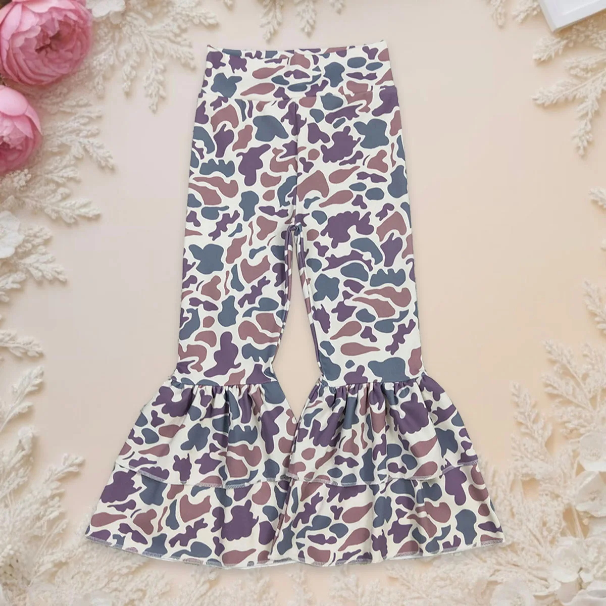 

Toddler Baby Girl Purple Camo Print Bell Bottom Flared Pants Children Yoga Active Fashion Soft Kids Boutique Clothing Wholesale
