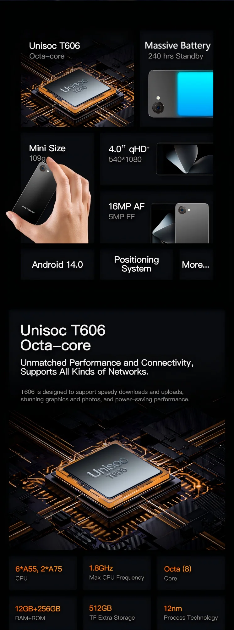 UNIWA Phonemax Q9 4G Mini Phone 4.0Inch Ips Touch Screen 4GB RAM 64GB ROM Android14 2000mAh Battery Small Smartphone