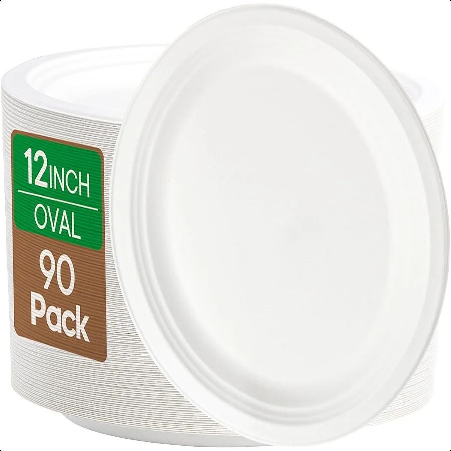 

90 упаковок компостируемых овальных бумажных тарелок 12,5 дюймов, обеденные тарелки с сахарной тростью, большие тарелки, биоразлагаемые тарелки для ресторана, барбекю